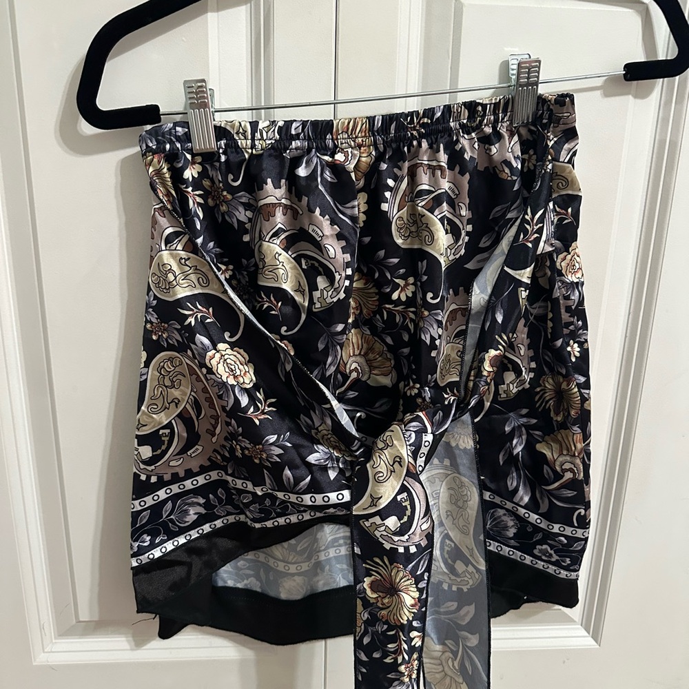 Black Printed Satin Wrap Skirt